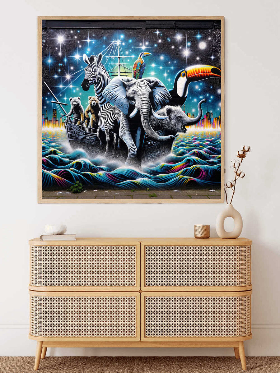 Paint by Numbers - Kosmische Arche featuring zebra, elephant, bear, and toucan sailing in a surreal starry night scene with cosmic elements.