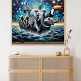 Paint by Numbers - Kosmische Arche featuring zebra, elephant, bear, and toucan sailing in a surreal starry night scene with cosmic elements.