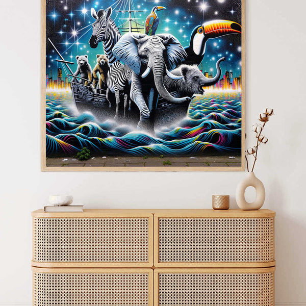 Paint by Numbers - Kosmische Arche featuring zebra, elephant, bear, and toucan sailing in a surreal starry night scene with cosmic elements.