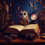 Diamond painting of an owl with a book and clock, paint by numbers kit
