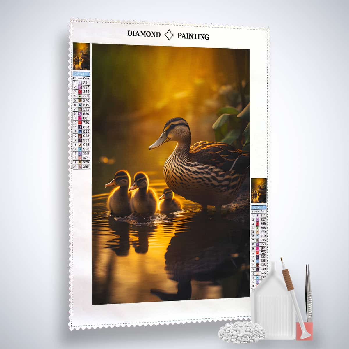 Diamond painting kit featuring ducks at golden hour with enhanced acrylic diamonds, canvas, artist tweezers, and application pen