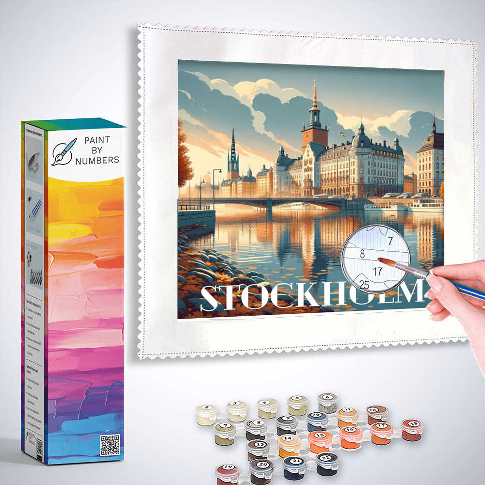 Paint by Numbers kit with Autumn splendor over Stockholm scene featuring historic buildings and calm river reflections.