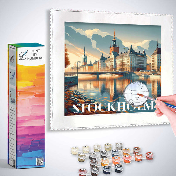Paint by Numbers kit with Autumn splendor over Stockholm scene featuring historic buildings and calm river reflections.