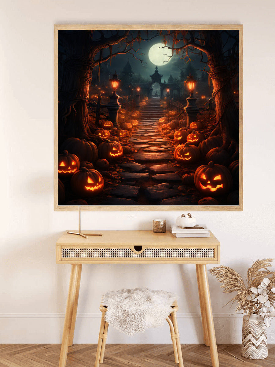 Halloween-themed Paint by Numbers artwork featuring a spooky path lined with glowing pumpkins and lanterns under a full moon.