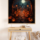 Halloween-themed Paint by Numbers artwork featuring a spooky path lined with glowing pumpkins and lanterns under a full moon.