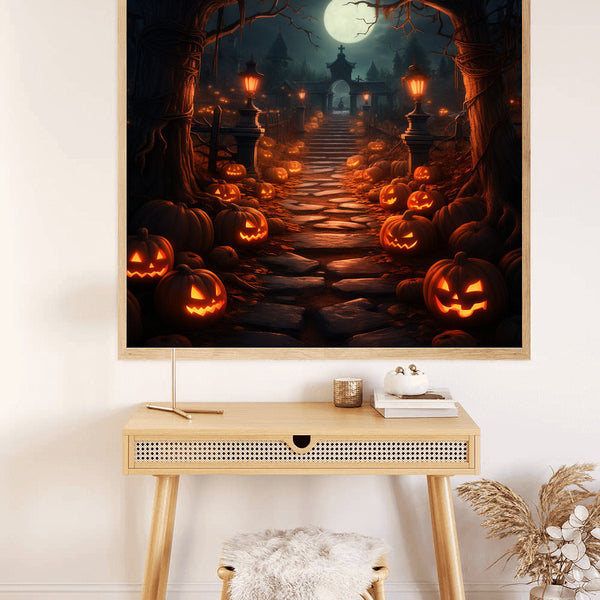 Halloween-themed Paint by Numbers artwork featuring a spooky path lined with glowing pumpkins and lanterns under a full moon.