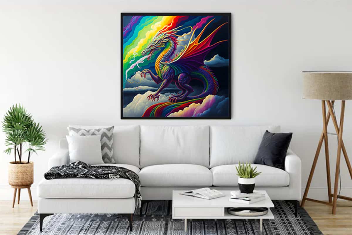 Vibrant dragon diamond painting displayed in a modern living room, showcasing the beauty of Paint by Numbers - Mystic Wings.
