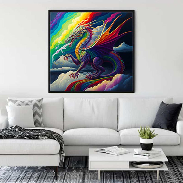 Vibrant dragon diamond painting displayed in a modern living room, showcasing the beauty of Paint by Numbers - Mystic Wings.