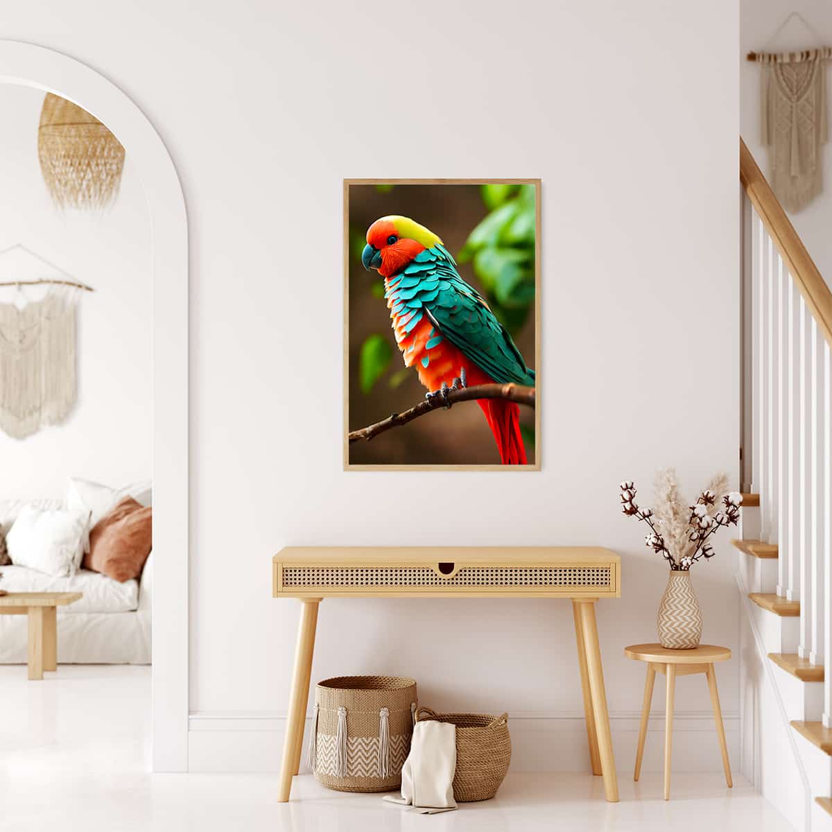 AB Diamond Painting Kit - Colorful bird on branch displayed on wall in modern living room | Paint by Numbers
