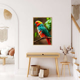 AB Diamond Painting Kit - Colorful bird on branch displayed on wall in modern living room | Paint by Numbers