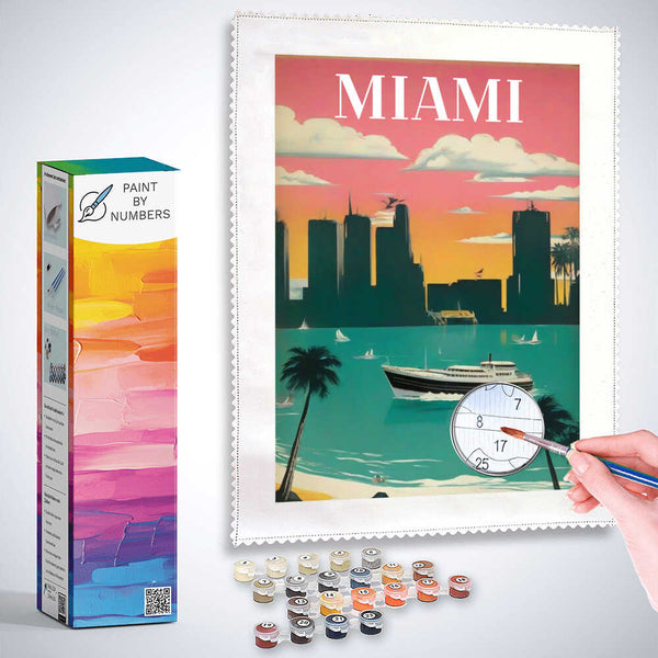 Paint by Numbers - Dream of Miami retro artwork with modern skyscrapers, palm beaches, and a ship sailing the aquamarine sea