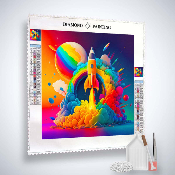 AB Diamond Painting Kit featuring neon rocket launch design on professional canvas with colorful acrylic diamonds and tools.