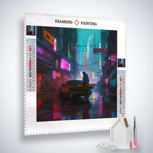 Diamond Painting Kit - Street Futuristic Scene with Neon Lights, Paint by Numbers Craft, Enhanced Acrylic Diamonds and Tools Included