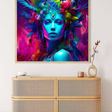 Vibrant Diamond Painting of a proud woman with colorful feathers mounted above a modern wicker cabinet