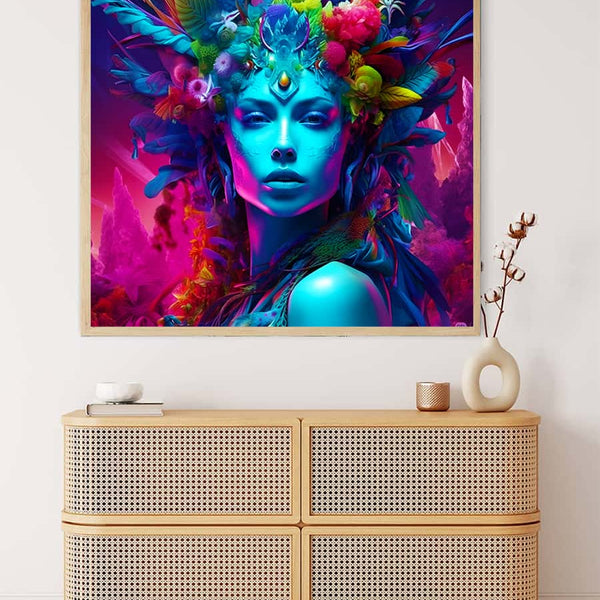 Vibrant Diamond Painting of a proud woman with colorful feathers mounted above a modern wicker cabinet