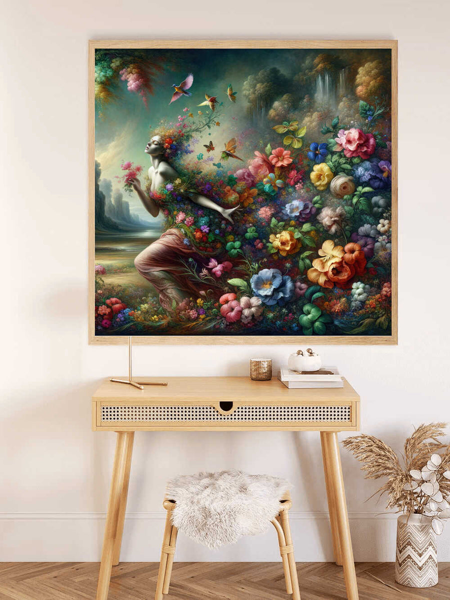 Paint by Numbers kit showing "Floral Awakening," a vibrant modern painting with a floating female figure, flowers, butterflies, and waterfalls.