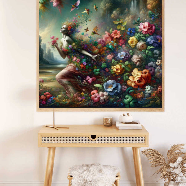 Paint by Numbers kit showing "Floral Awakening," a vibrant modern painting with a floating female figure, flowers, butterflies, and waterfalls.