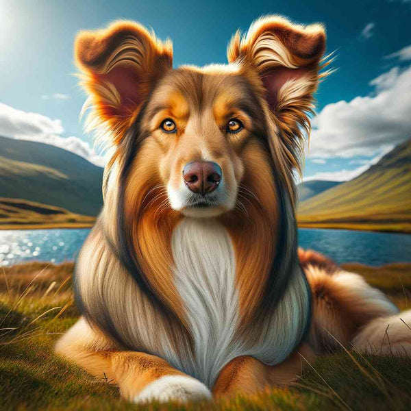 Paint by Numbers - Exalted Guardian of the Shire, majestic dog in natural landscape with golden and green tones, radiating calm strength