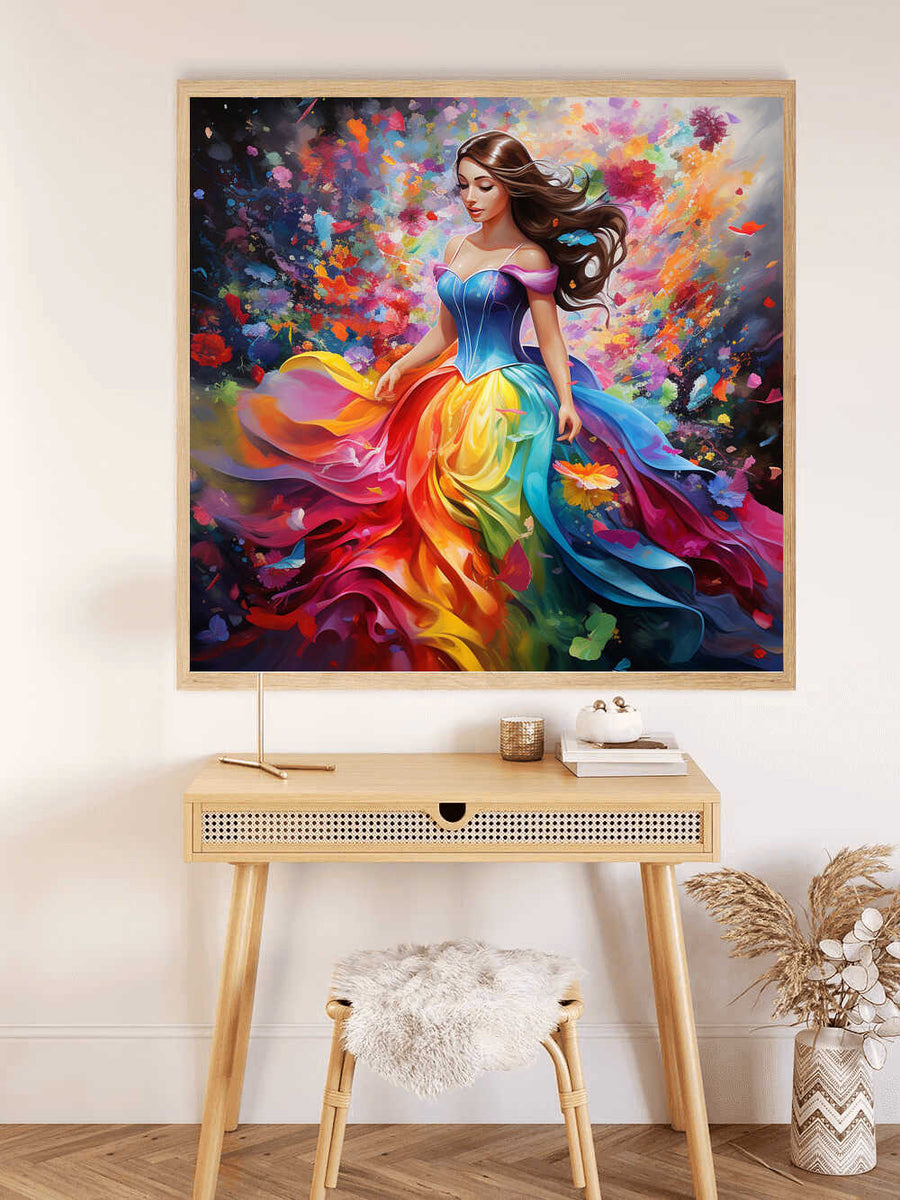 Paint by Numbers - Graceful woman in a vibrant, colorful dress expressing movement and elegance, creating a dreamy and artistic ambiance.