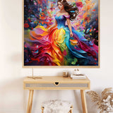 Paint by Numbers - Graceful woman in a vibrant, colorful dress expressing movement and elegance, creating a dreamy and artistic ambiance.