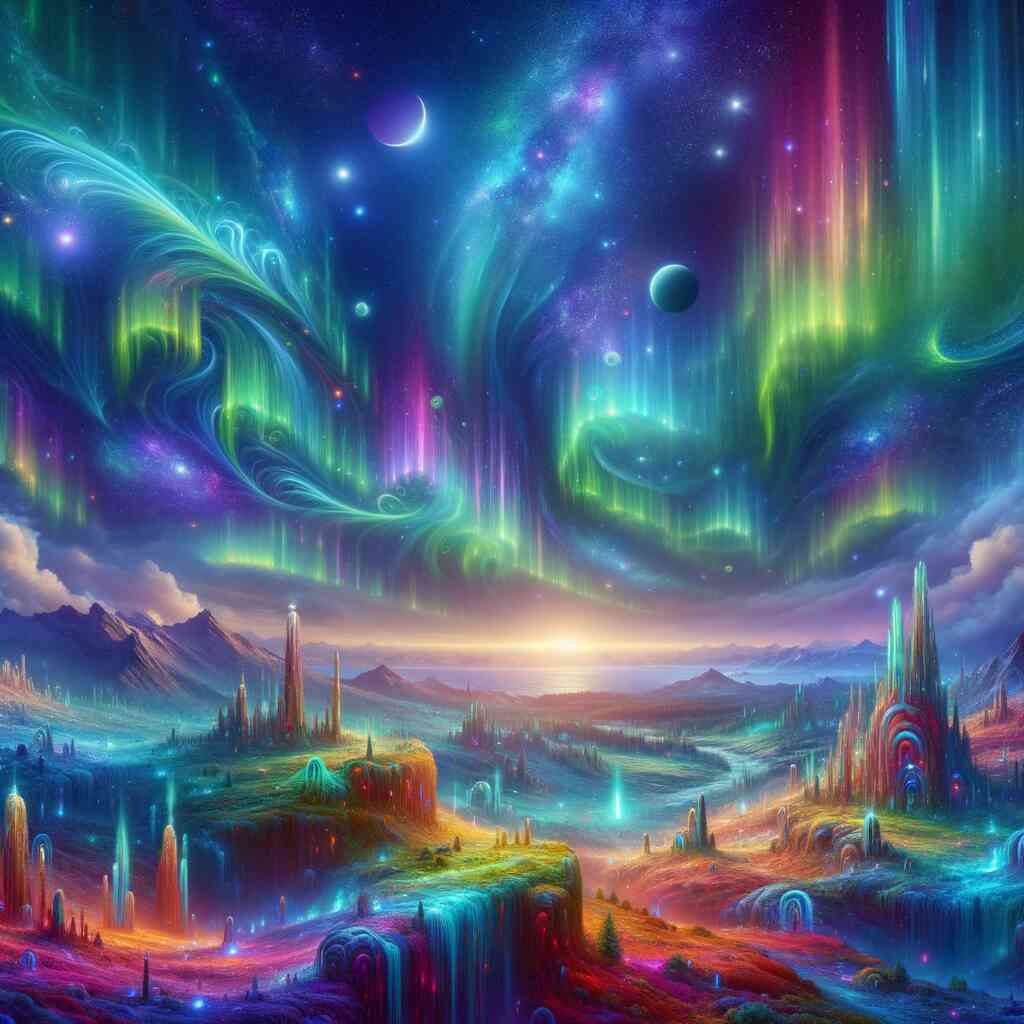 Paint by Numbers - Cosmic Awakening vibrant fantasy landscape with colorful sky, mystical scenery, flowing waterfalls, and twilight glow.