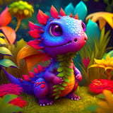 Colorful dragon baby in an enchanted forest, featured in AB Diamond Painting kit - Paint by Numbers.