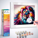 Paint by Numbers - colorful awakening with a vibrant lion emerging in a kaleidoscope of crimson, azure, and yellow tones being painted.
