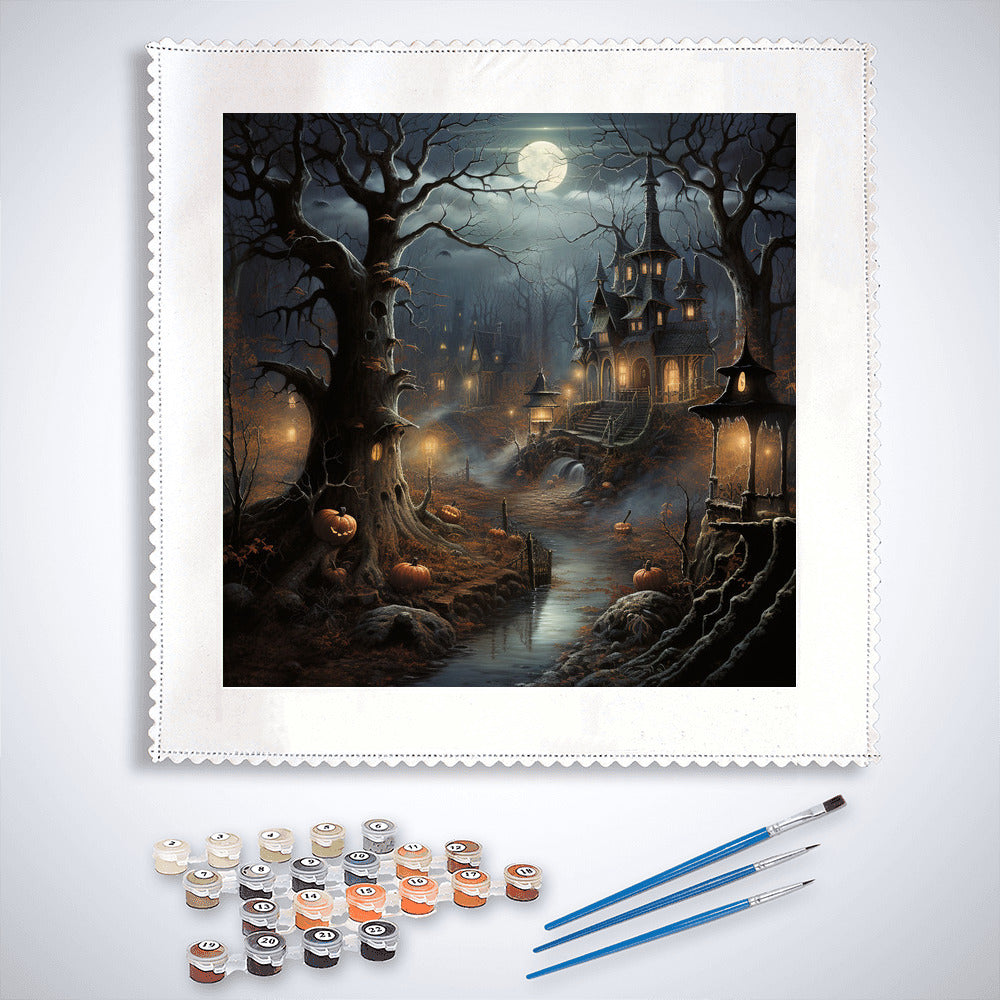 Paint by Numbers Halloween haunted forest kit with spooky night scene, moonlit sky, eerie trees, haunted house, and painting accessories.