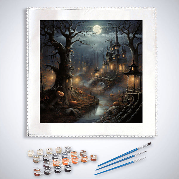 Paint by Numbers Halloween haunted forest kit with spooky night scene, moonlit sky, eerie trees, haunted house, and painting accessories.