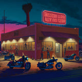 Retro diner at night with motorcycles parked outside, neon sign illuminating the scene, people seen through large windows, vibrant night sky.