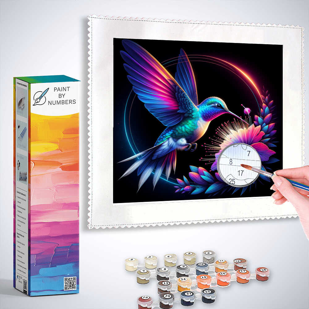 Paint by Numbers kit featuring a colorful diamond painting of a hummingbird with vibrant wings feeding on a purple flower against a black background.