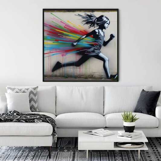 Paint by Numbers artwork "Escape of colors in the wind" displayed above a modern white sofa, showcasing vibrant urban street art.