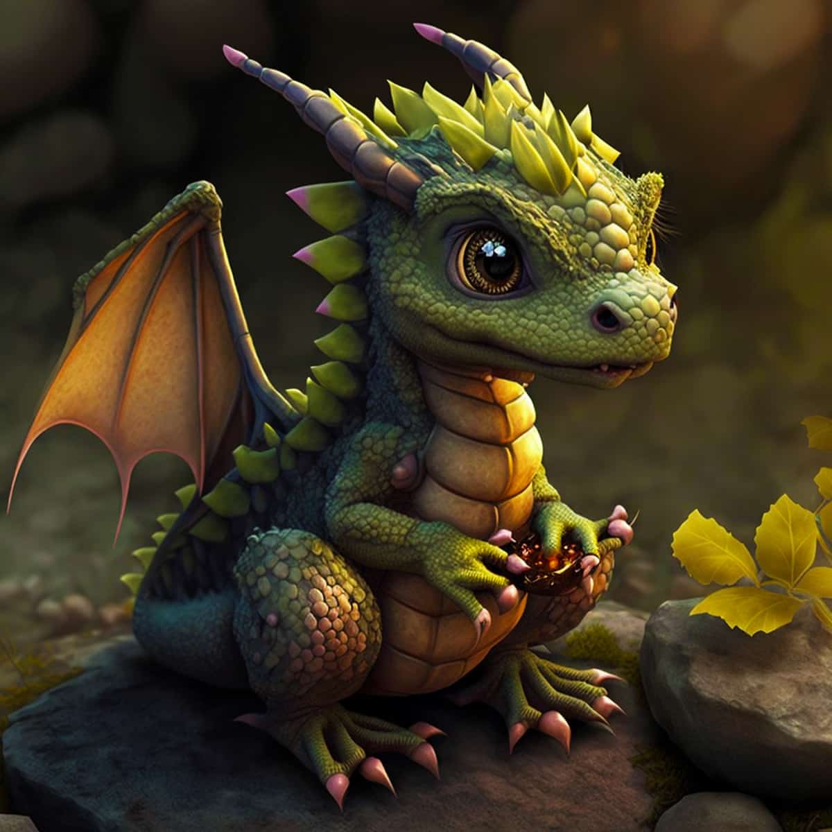 Cute baby dragon holding a glowing orb in a mystical forest setting