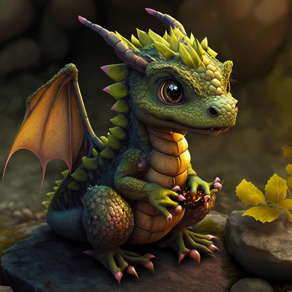Cute baby dragon holding a glowing orb in a mystical forest setting