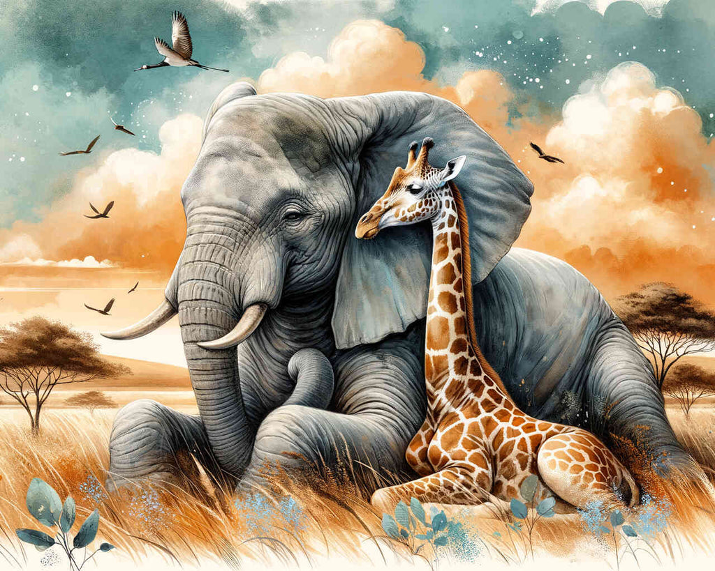 Elephant & giraffe, friends - Paint by Numbers