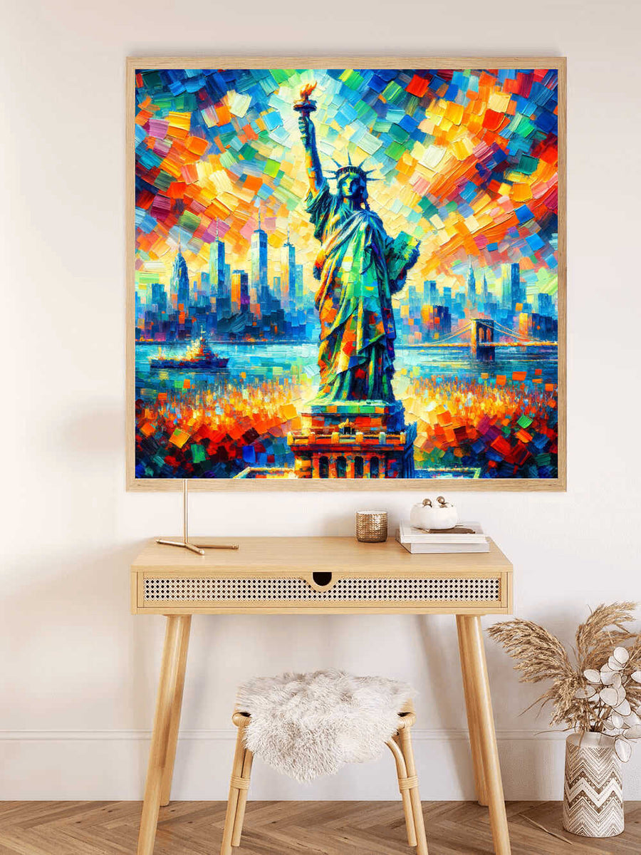 Vibrant Paint by Numbers artwork of Statue of Liberty with colorful New York skyline in cubist style on modern white wall.
