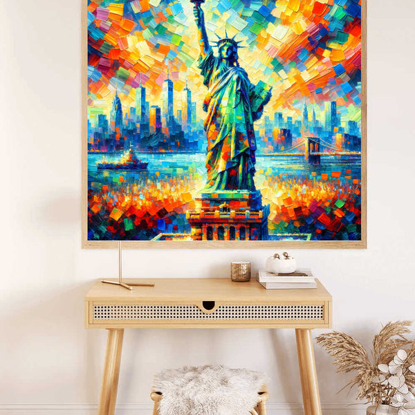 Vibrant Paint by Numbers artwork of Statue of Liberty with colorful New York skyline in cubist style on modern white wall.