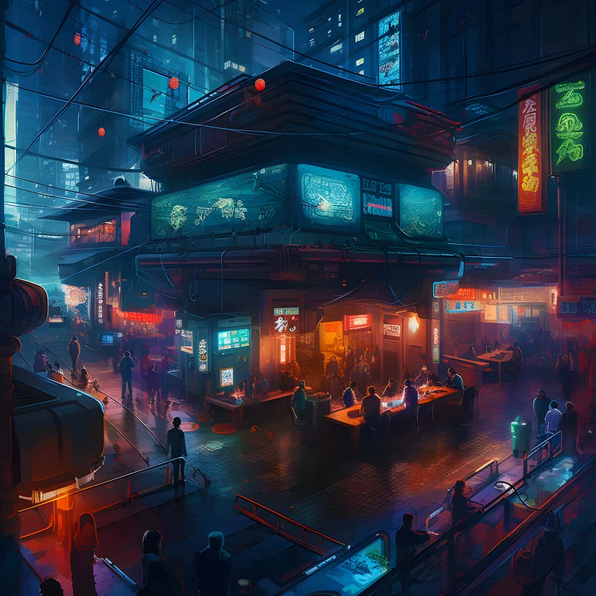 Diamond Painting - Pub Futuristic: Neon-lit street scene with futuristic pub, crowds of people, and vibrant surroundings. Perfect for paint by numbers kits.