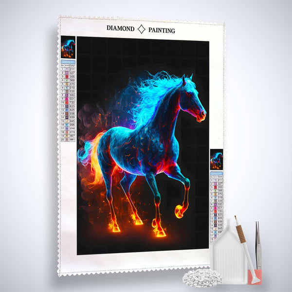 AB Diamond Painting - Fire Horse canvas with included tools showcasing a vibrant, fiery horse design for paint by numbers enthusiasts.