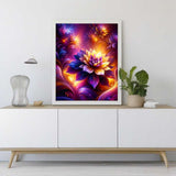 Vibrant Diamond Painting of a Luminous Flower with Purple and Yellow Tones on Living Room Wall - Paint by Numbers Art