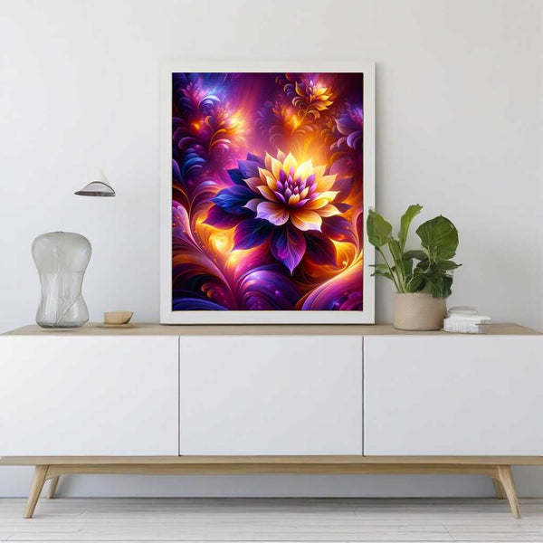 Vibrant Diamond Painting of a Luminous Flower with Purple and Yellow Tones on Living Room Wall - Paint by Numbers Art