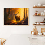 Diamond Painting of a deer in a golden forest hanging in a kitchen, perfect for Paint by Numbers enthusiasts.