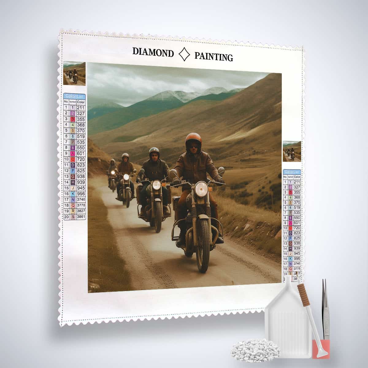 Diamond Painting Kit featuring motorcyclists on a scenic road, including professional canvas, acrylic diamonds, tweezers, and application pen.