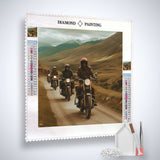 Diamond Painting Kit featuring motorcyclists on a scenic road, including professional canvas, acrylic diamonds, tweezers, and application pen.