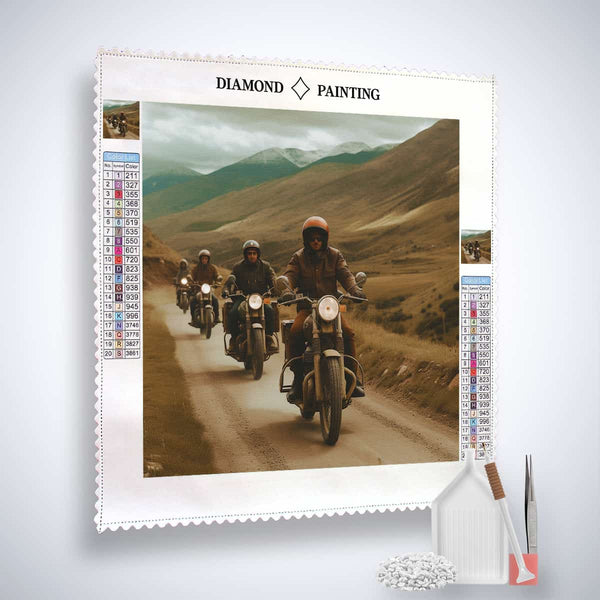Diamond Painting Kit featuring motorcyclists on a scenic road, including professional canvas, acrylic diamonds, tweezers, and application pen.