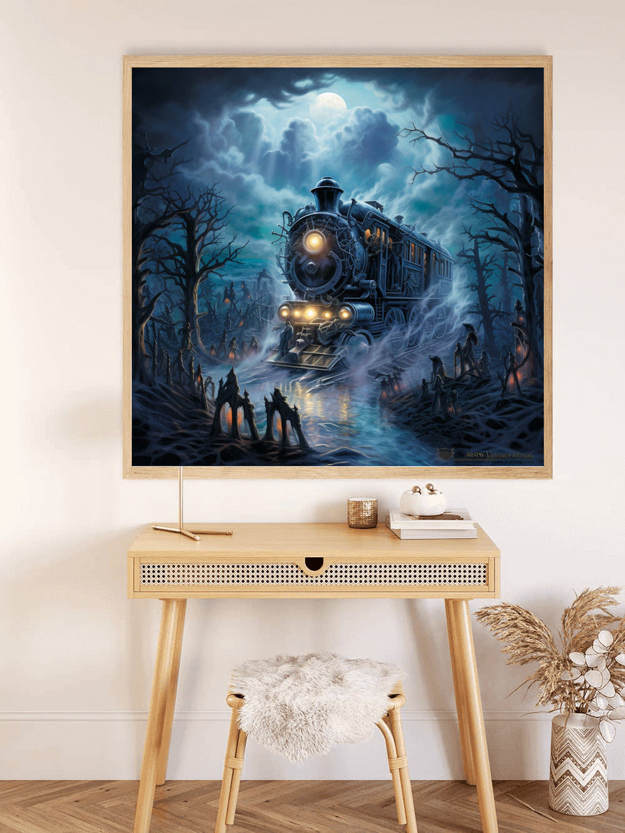 Paint by Numbers Ghost train breaks through beside dark forest scene with eerie moonlight and mist.