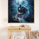 Paint by Numbers Ghost train breaks through beside dark forest scene with eerie moonlight and mist.