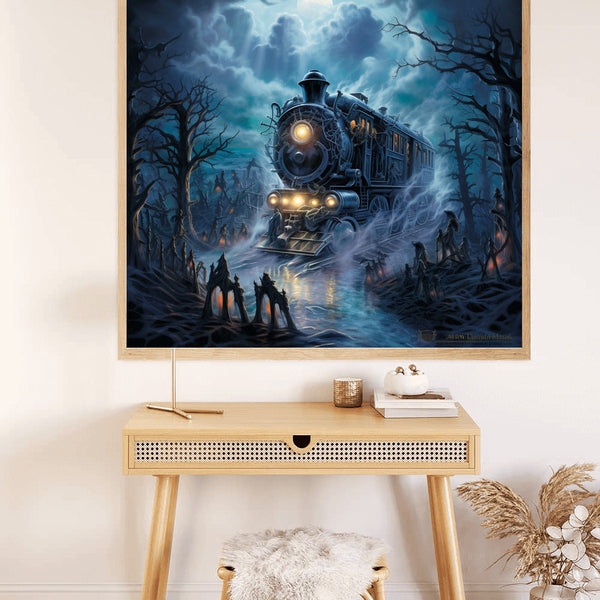 Paint by Numbers Ghost train breaks through beside dark forest scene with eerie moonlight and mist.