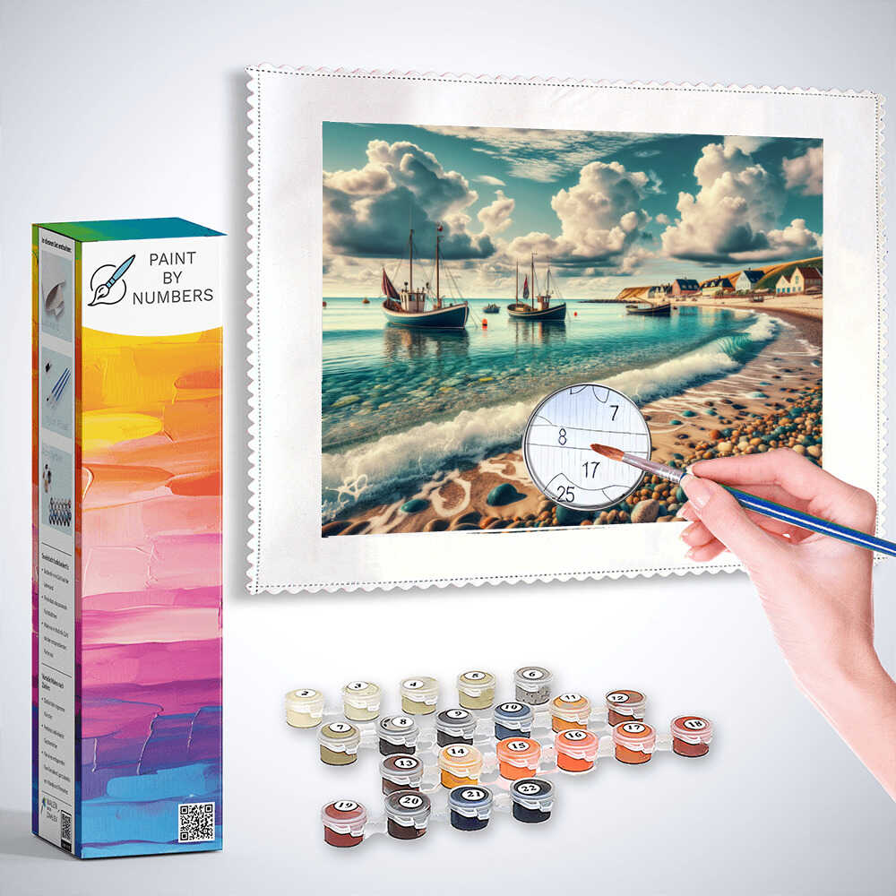 Paint by Numbers kit Coastal Whispers with Mediterranean fishing village scene and pastel skies reflecting on crystal clear waters.