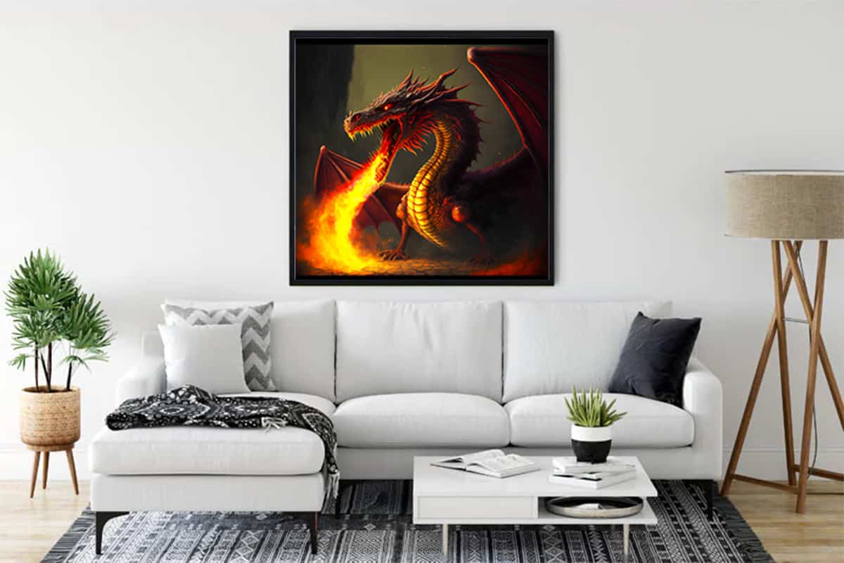 Large framed dragon diamond painting above a white sofa in a modern living room setting.